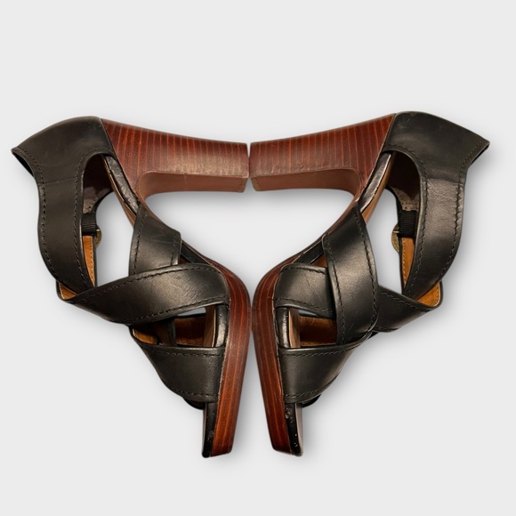 SEYCHELLES black leather stacked wood block heel strappy sandals Size 9 - Picture 6 of 8